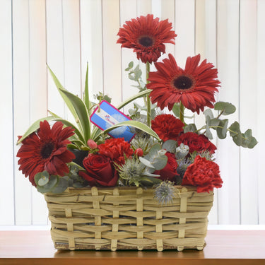 All Occasion Basket, Classic Box Arrangement, Rose Red, Gerbera, Eucalyptus, Native Basket